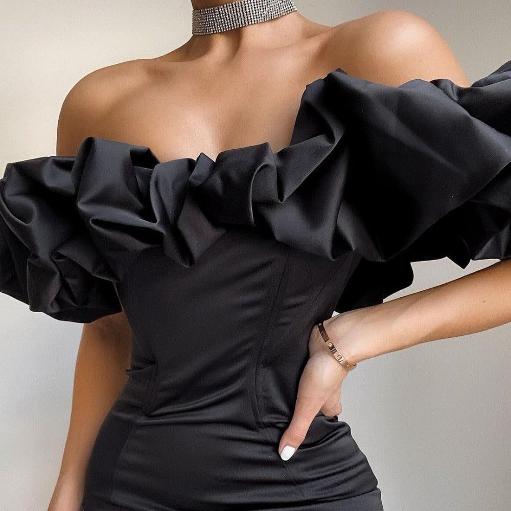 Queen Satin Ruffles Off Shoulder Mini Dress - View 7