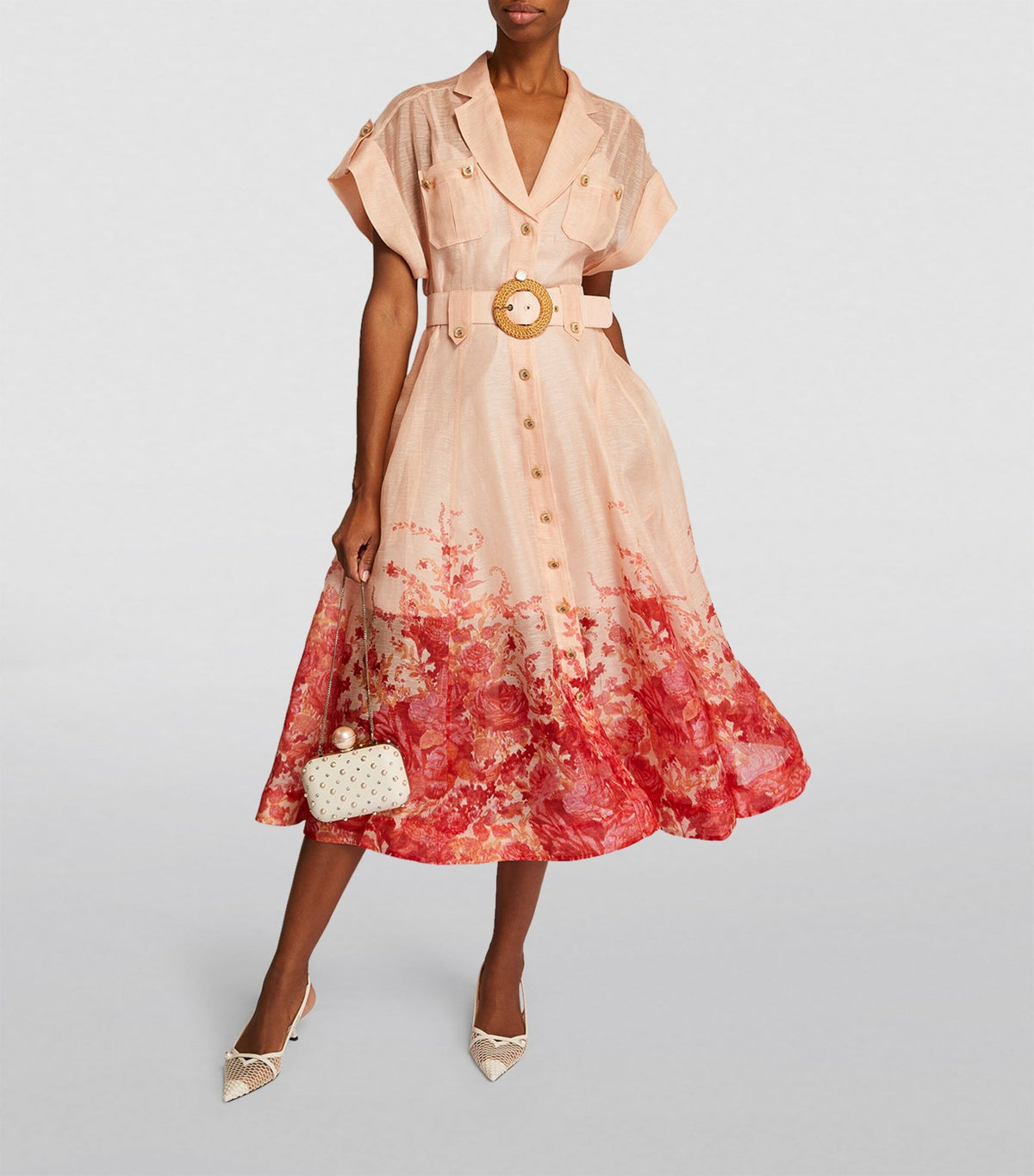 Floral Collared Short Sleeve Belted A-Line Midi Dress - View 6